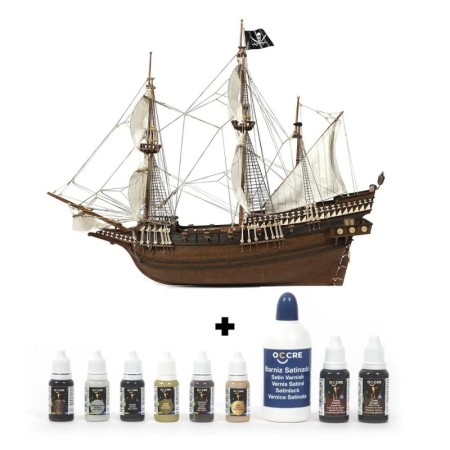 Pack Maqueta Barco Occre BUCCANEER 1/100 con pinturas, tinte y barniz