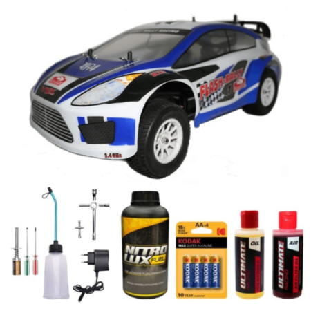 Pack Coche RC Rally Nitro 1/10 2 Velocidades Azul-Blanco con accesorios iniciación