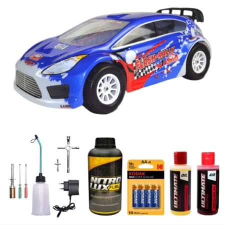 Pack Coche RC Rally Nitro 1/10 2 Velocidades Azul con accesorios iniciación