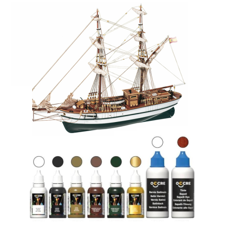 Pack Maqueta Barco Occre AURORA con pinturas, tinte y barniz