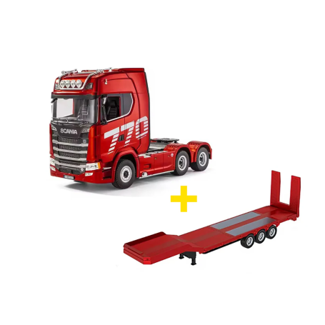 Pack Camión Scania 770S V8 Huina 1501 19 canales 1/18 rojo con plataforma roja