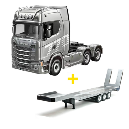 Pack Camión Scania 770S V8 Huina 1501 19 canales 1/18 Plata con plataforma plateada