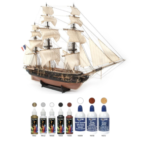 Pack Maqueta de barco OcCre Belle Poule 1/90 con Pinturas Acrílicas, tintes y barniz