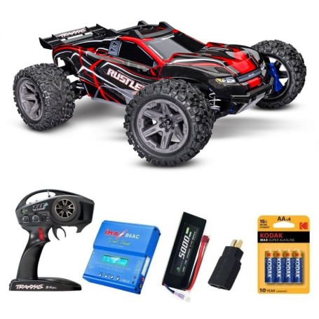 Pack Traxxas Rustler 4X4 BL-2S 1/10 Rojo Con 4 Accesorios
