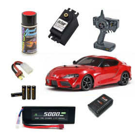 Pack Coche RC Drift Tamiya Toyota G.R. Supra (TT-02) 1/10 (sin montar) con servo, batería, cargador y pintura