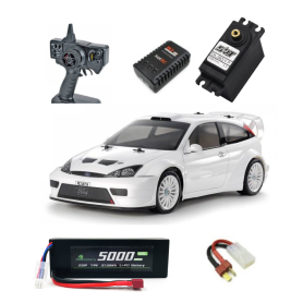 Pack completo Coche RC Rally Tamiya Ford Focus RS Custom (TT-02) 1/10 (pintado y sin montar) con servo, batería y cargador