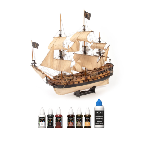 Maquette de bateau OCCRE Royal Fortune à l'échelle 1/65 avec socle pirate, peintures, teinture et vernis